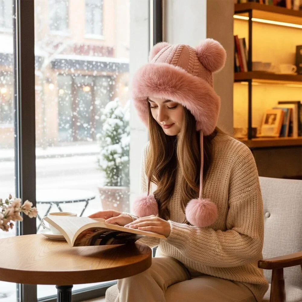 Women pink Winter Sherpa Beanie Hats Knit Ear Flaps Peruvian Cover Ears